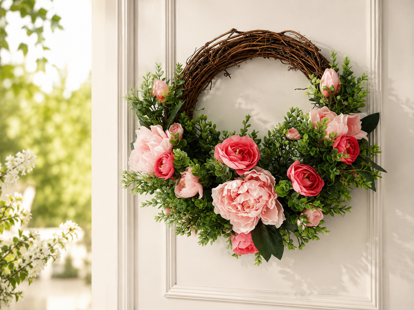 Summer artificial floral wreath with faux roses and peonies on grapevine base