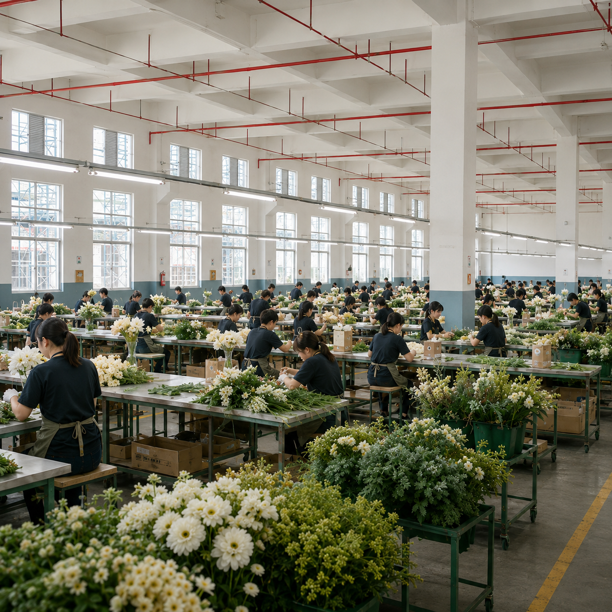 Artificial flower factory floor — large-scale production capacity in Indonesia