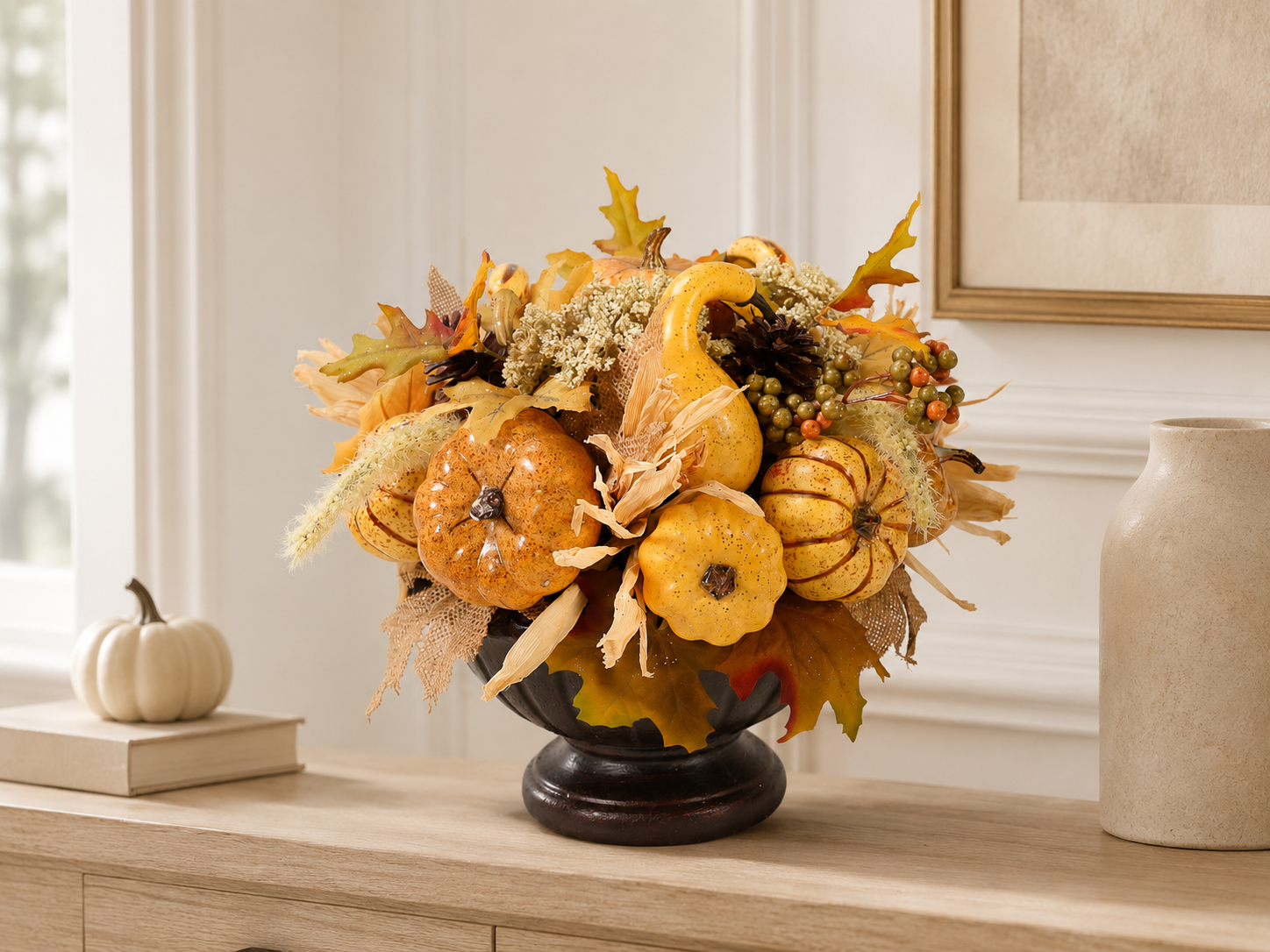 Festive artificial floral arrangement with faux pumpkins and autumn leaves for holiday decor