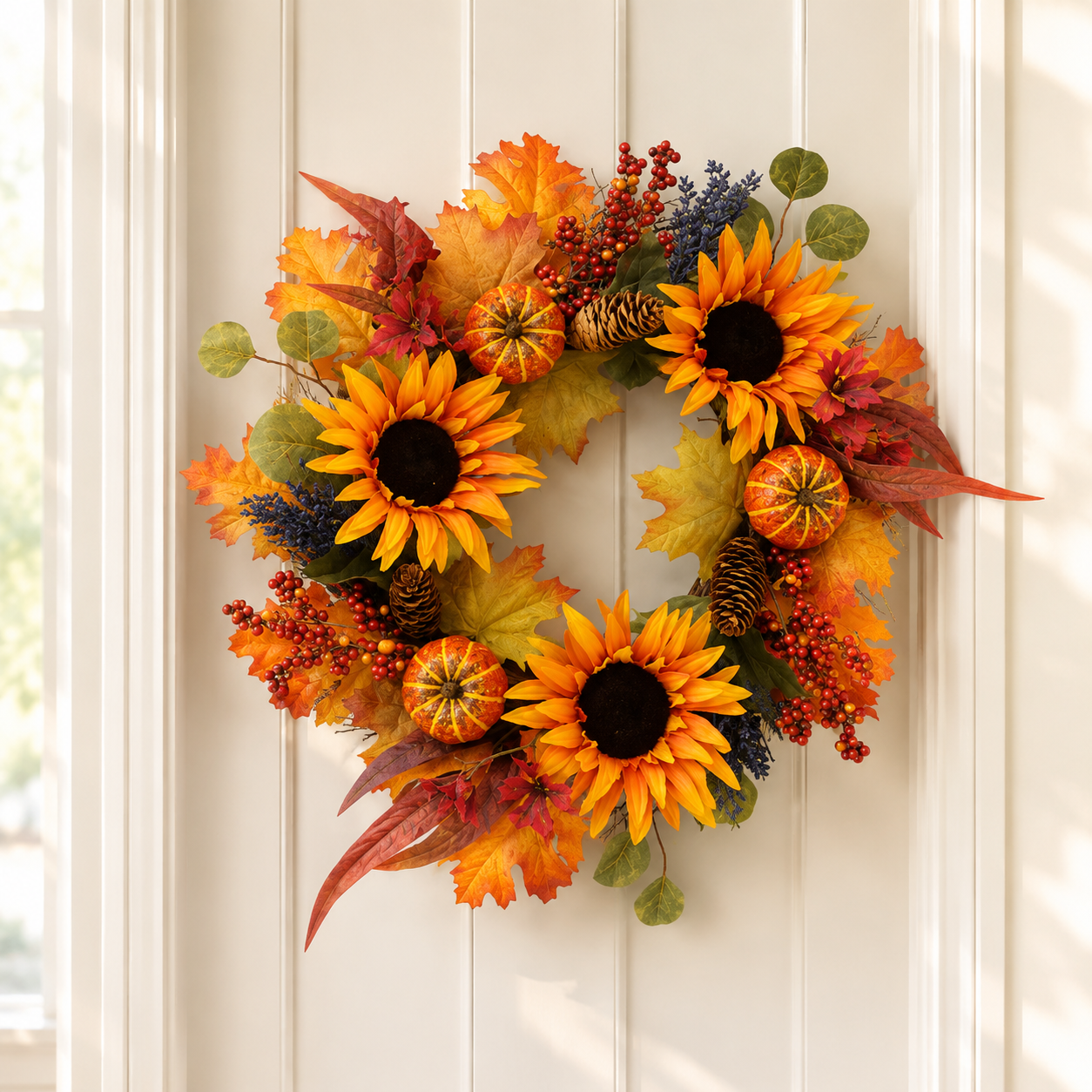 Fall artificial wreath with faux sunflowers, pumpkins, and autumn foliage