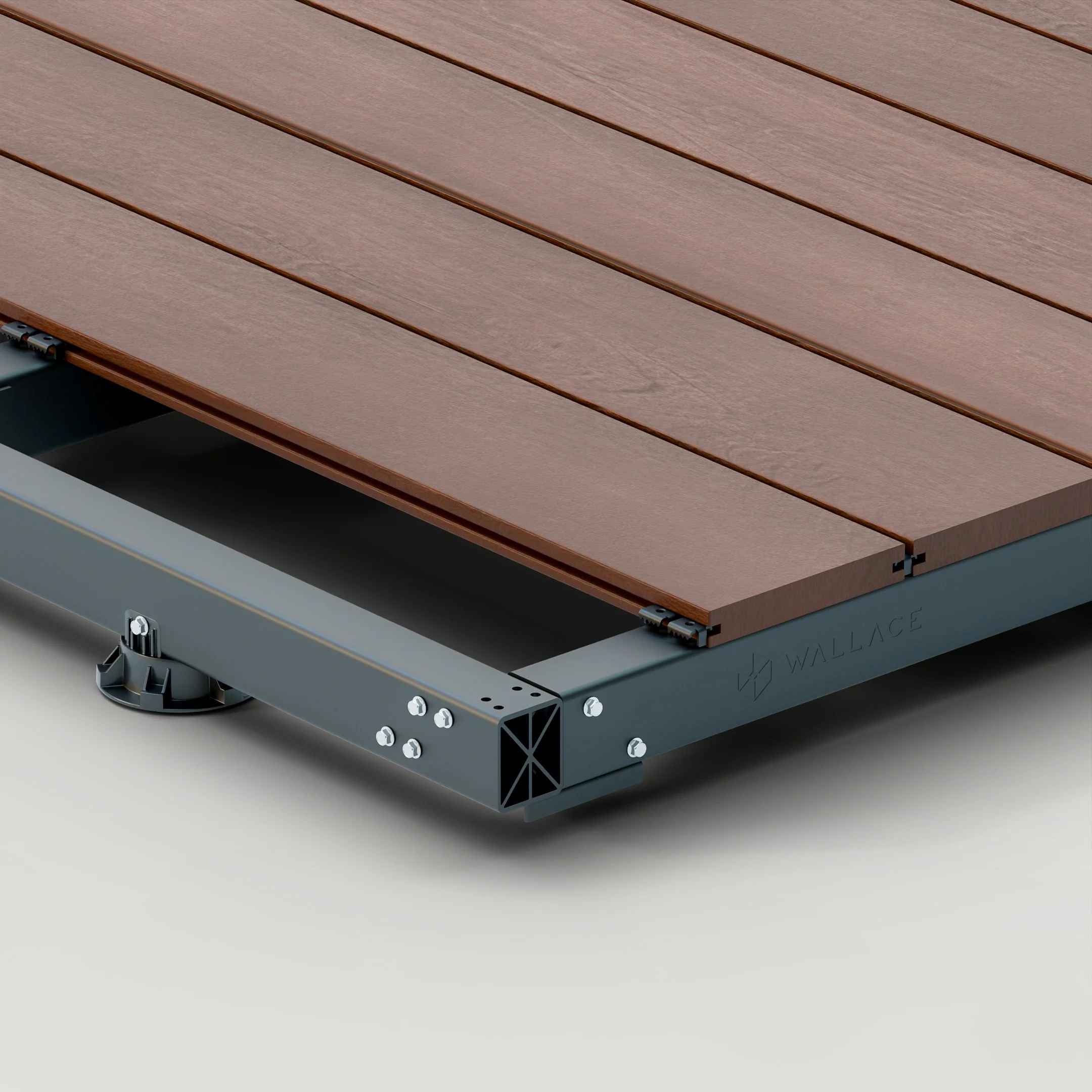 A close-up of a section of a modern outdoor deck with wooden planks on a metal frame, showing adjustable support feet.