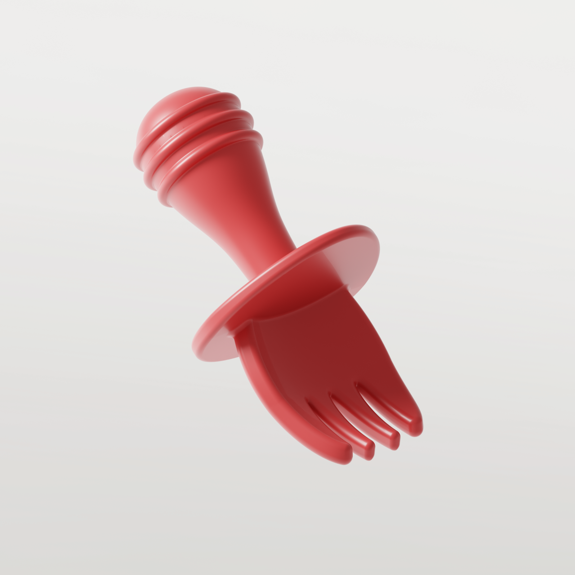 A red plastic toy fork with a matching trowel integrated into the handle, featuring a sun emblem. The fork and trowel are attached to a circular disc that functions as a handle connector.