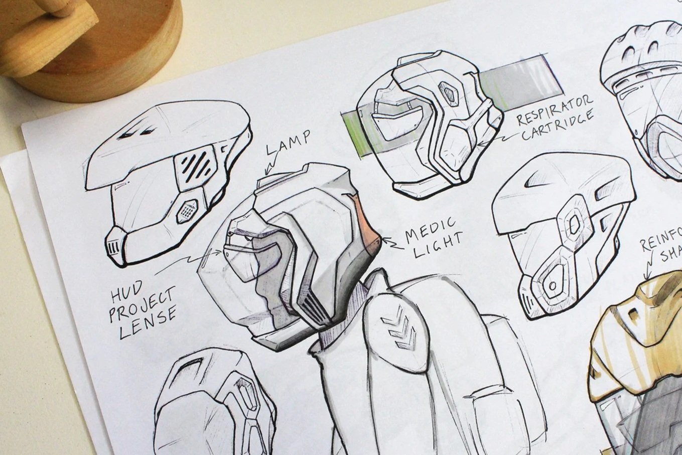 Sketch of a futuristic astronaut helmet with labelled components including HUD project lens, lamp, and medic light.