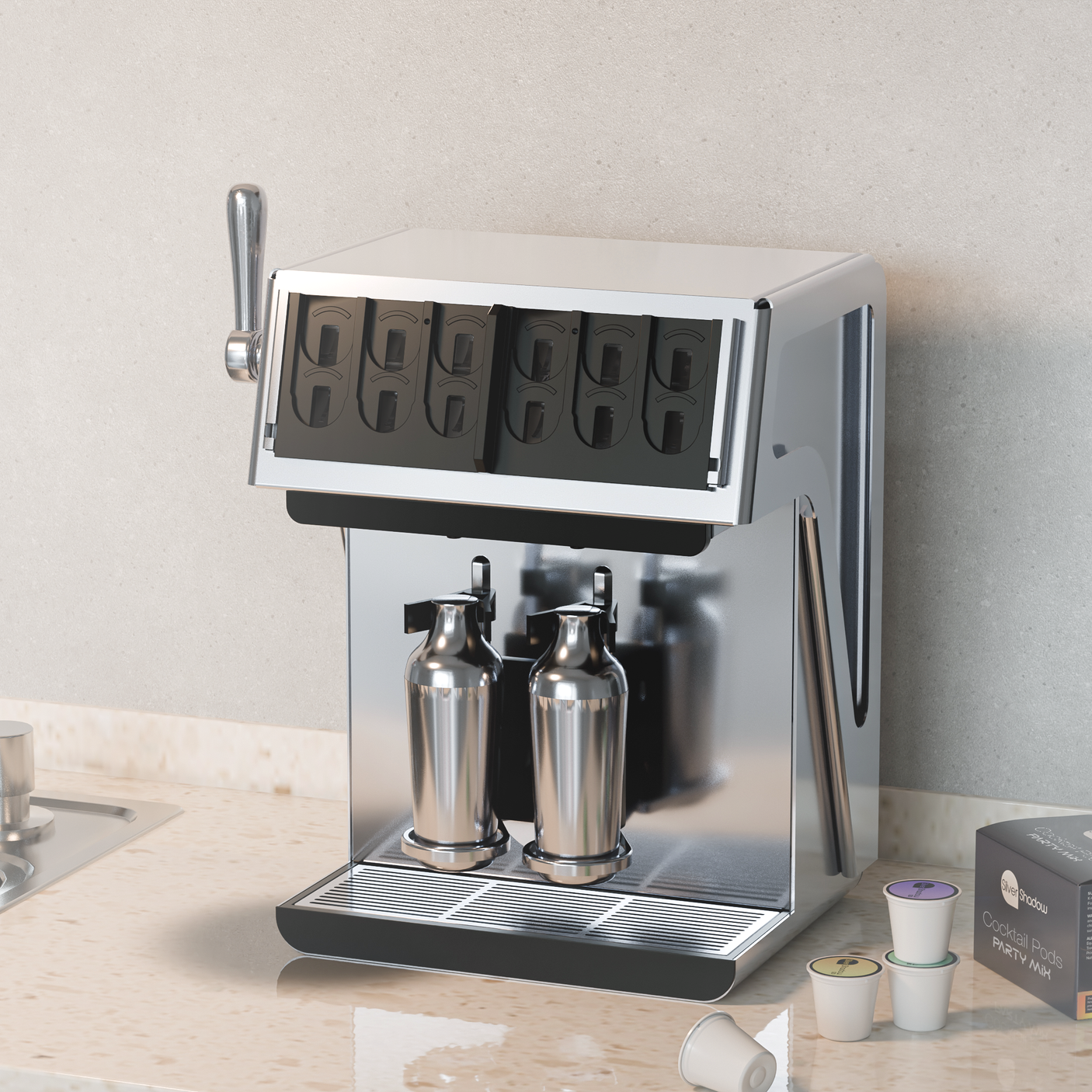 A modern cocktail machine with a streamlined design, black and silver finish, and two metal bottles underneath, placed on a kitchen counter.
