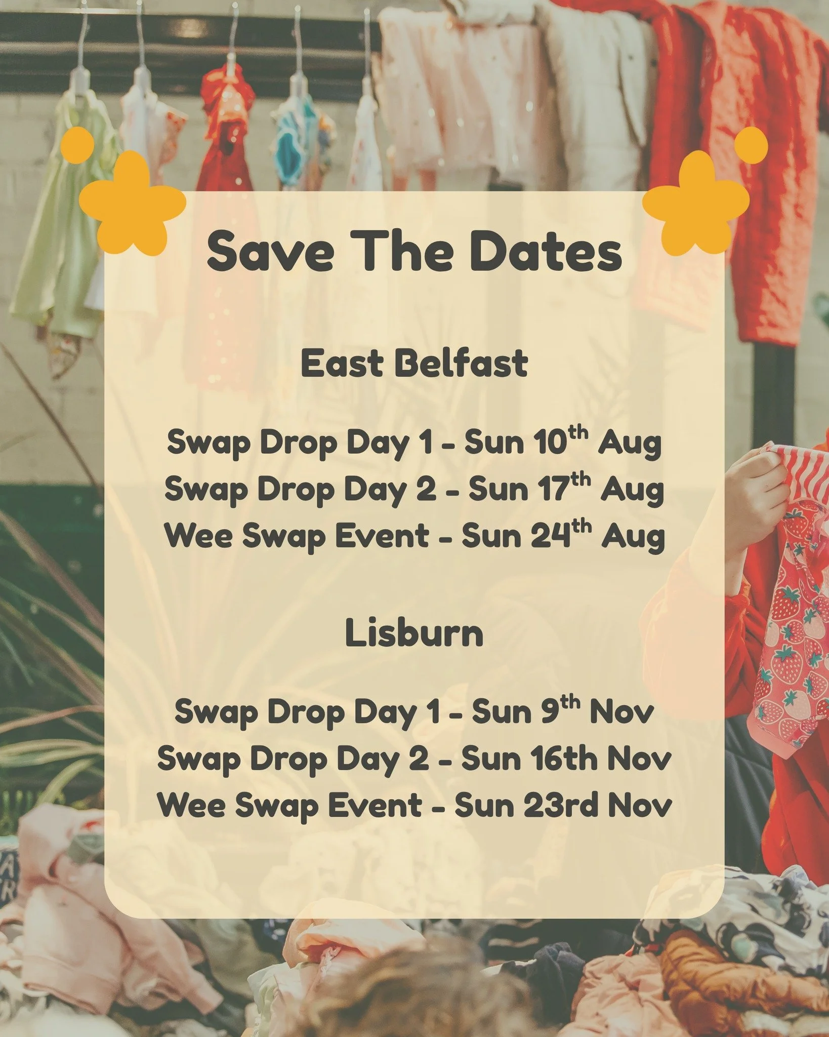 A reminder of our 2025 Wee Swap Dates!

The East Belfast event is currently taking sign-ups for swap drops and volunteer. For more info on how it works and how to sign up, check out our bio!