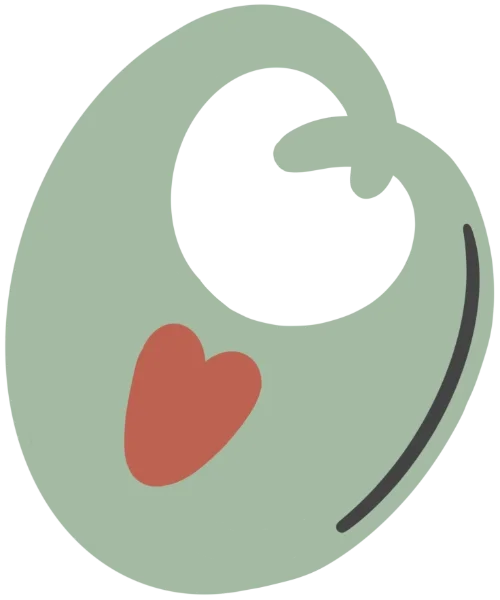 Illustration of a green baby bib with a red heart design on it.