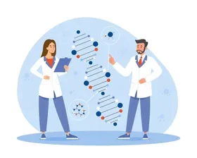 Illustration of two scientists in lab coats examining a DNA double helix with molecular diagrams