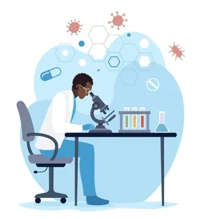 Illustration of a scientist using a microscope in a laboratory with test tubes, viruses and molecular structures