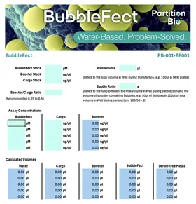 BubbleFect dilution calculator spreadsheet showing assay concentrations and working solution volumes