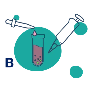 Illustration of step B: BubbleFect biomolecular condensates forming in a test tube with a pipette and syringe
