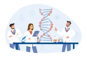 Illustration of a research team of three scientists at a laboratory bench with a DNA helix, microscope and test tubes