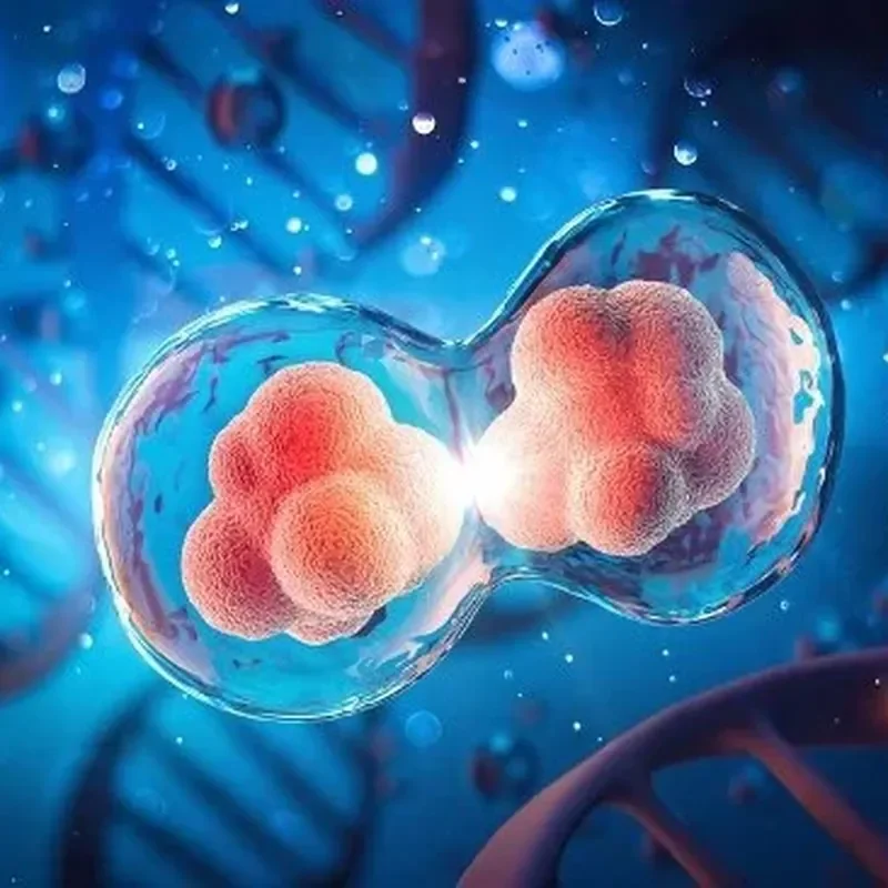 Illustration of dividing cells with DNA strands representing regenerative medicine and cell therapy research