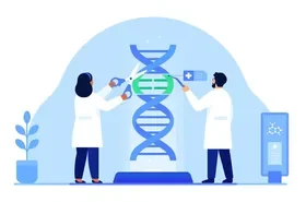 Illustration of two scientists editing a DNA double helix strand using CRISPR gene-editing tools