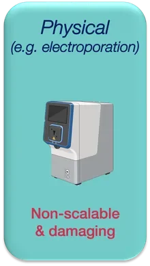 Illustration card: Physical transfection e.g. electroporation – labelled as non-scalable and damaging