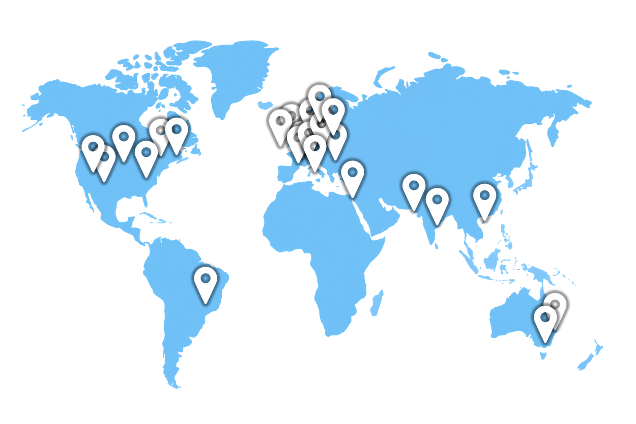 World map showing BubbleFect customer locations across North America, Europe, Asia, South America, and Australia