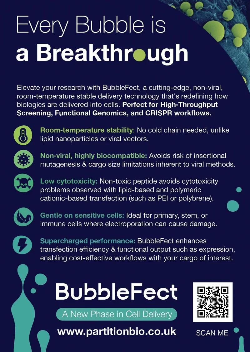 BubbleFect flyer front with headline 'Every Bubble is a Breakthrough', listing key features including room-temperature stability, non-viral biocompatibility, low cytotoxicity, gentle on sensitive cells and supercharged performance
