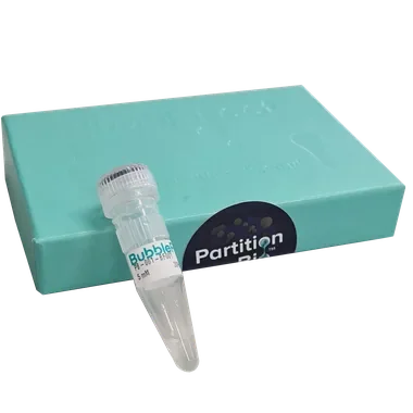 BubbleFect transfection reagent vial and Partition Bio product box on a white background