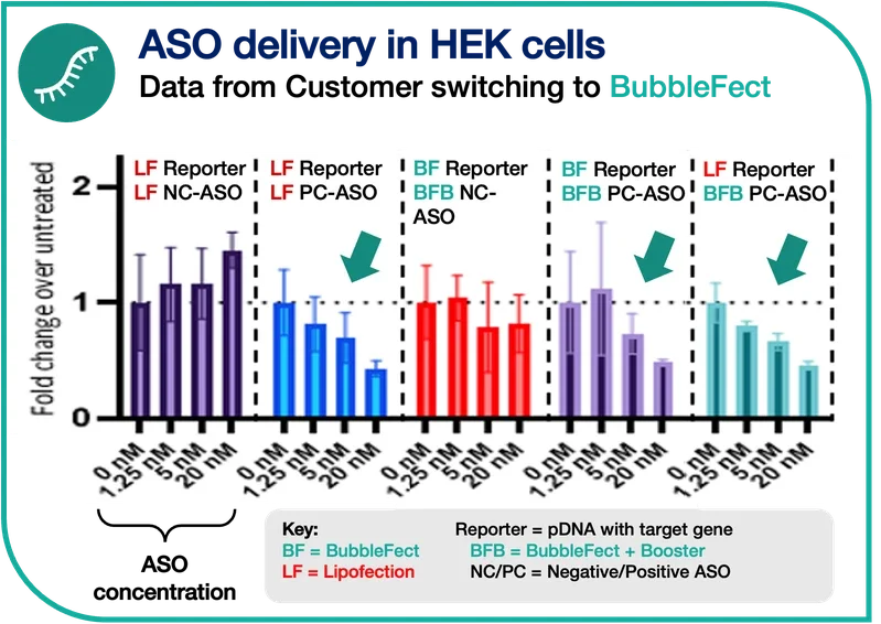 Bar chart showing BubbleFect and BubbleFect Booster ASO delivery in HEK cells, demonstrating effective gene knockdown with positive control ASO across concentrations from 1.25–20 nM, compared to lipofection