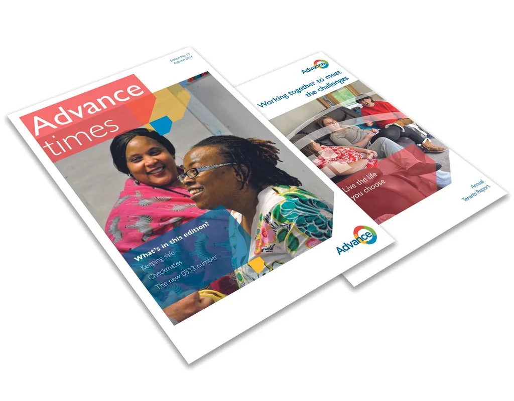 Two colorful brochures for Advance Times, featuring images of diverse women smiling and people sitting on a sofa, with text about safety, checkmates, and tenants report.