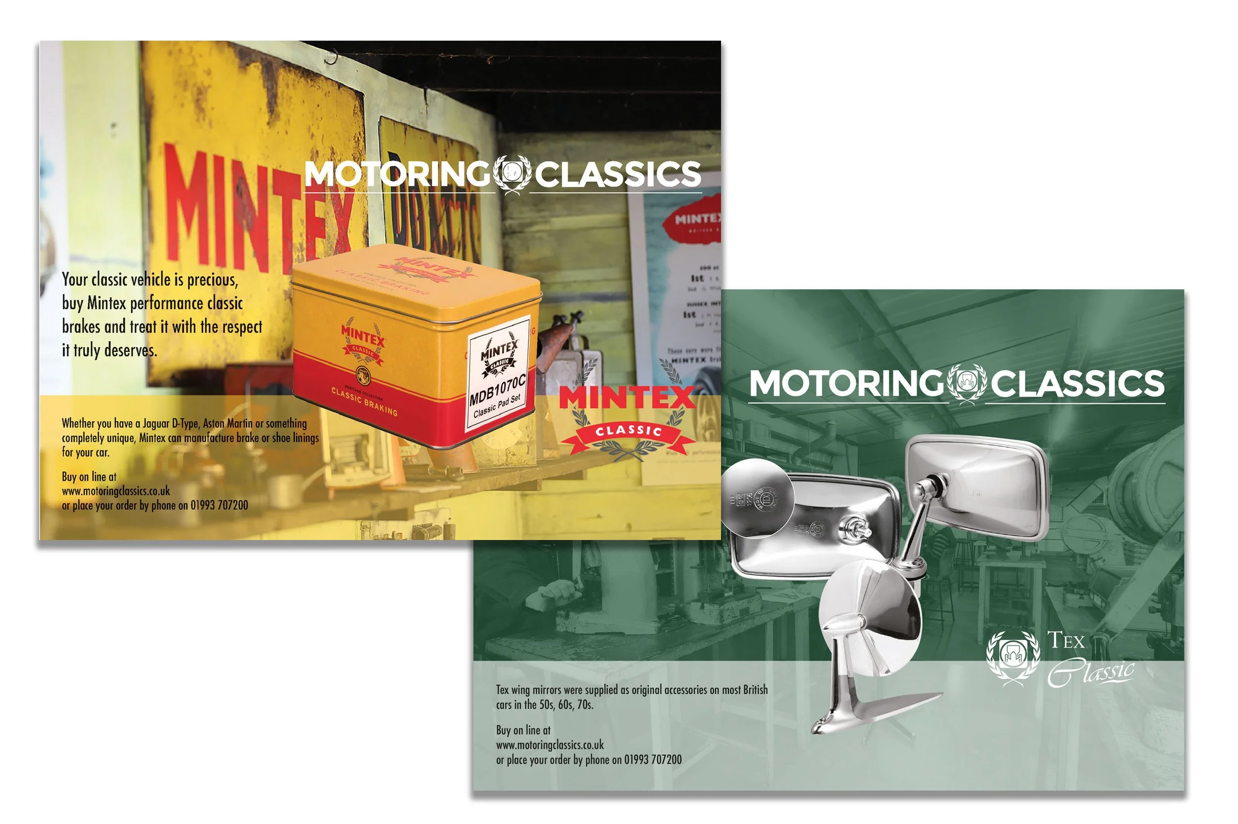 Vintage advertisements for Motoring Classics and Mintex brake products, and images of mirror and wing mirror accessories for classic British cars from the 1950s to 1970s.