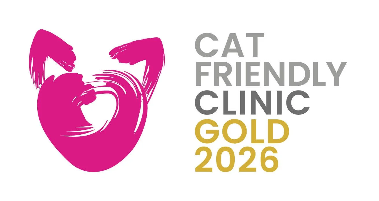 A pink stylized cat face with a white heart in the center. To the right, text reads "Cat Friendly Clinic Gold 2025" in gray and gold lettering.
