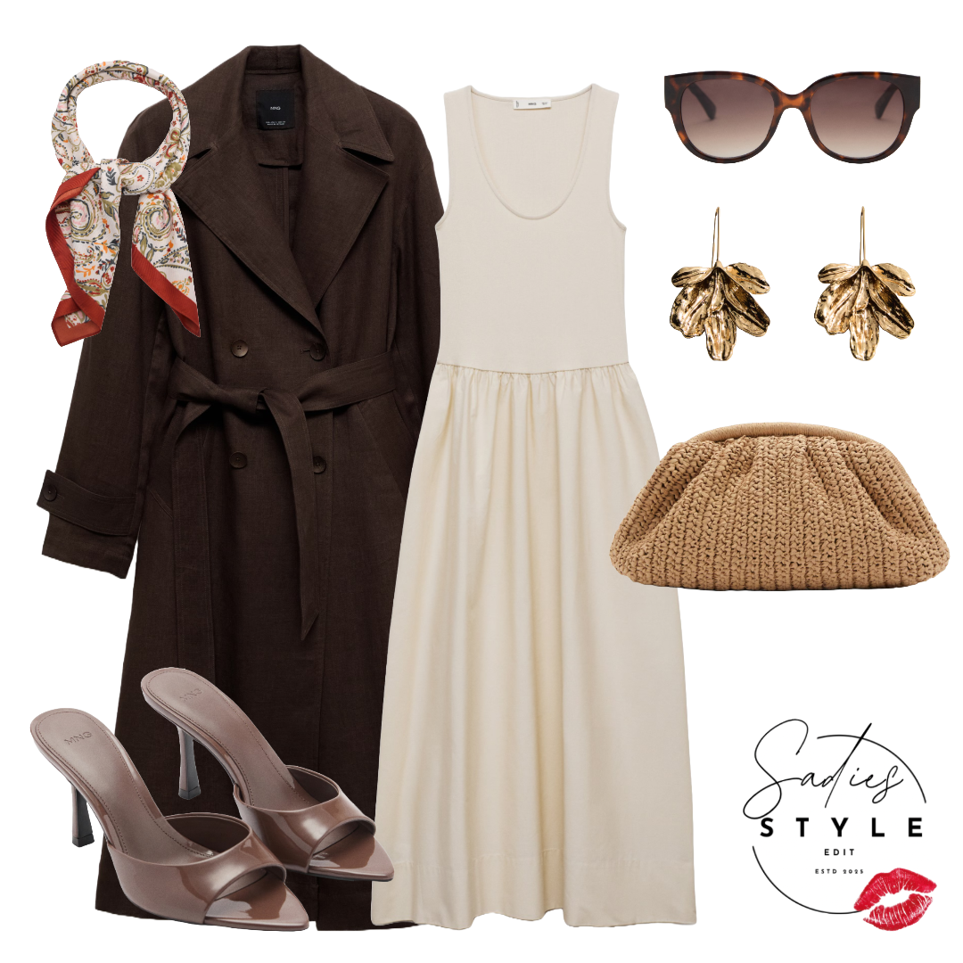 A fashion ensemble featuring a dark brown belted trench coat, cream sleeveless maxi dress, beige high-heeled sandals, tortoiseshell sunglasses, gold floral earrings, a tan knitted clutch, a red and paisley silk scarf, and a "Sadies Style" logo with r