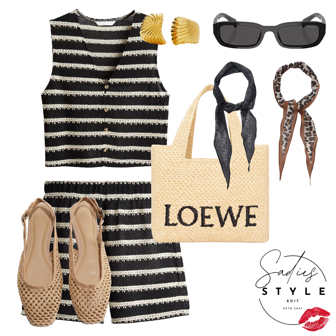 Fashion outfit including a black and white striped sleeveless top, matching skirt, nude mesh heels, black sunglasses, gold earrings, black bandana scarf, leopard print hair scarf, beige Loewe tote bag with a black scarf tied to handle, and a red lips