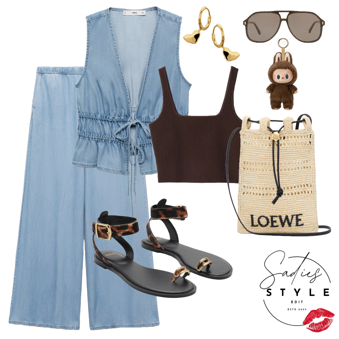 A casual summer outfit featuring a sleeveless denim top with matching wide-leg jeans, a black ribbed tank top, leopard-print sandals, gold hoop earrings, round sunglasses, a small plush toy, a woven Loewe bag, and a pair of statement earrings