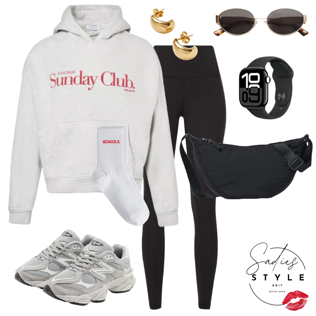 Casual athleisure outfit with white Nike sneakers, black leggings, gray hoodie with "Lounge Sunday Club" logo, white socks with "ADANOLA" written in red, black fanny pack, gold hoop earrings, tortoiseshell sunglasses, black digital smart watch, black