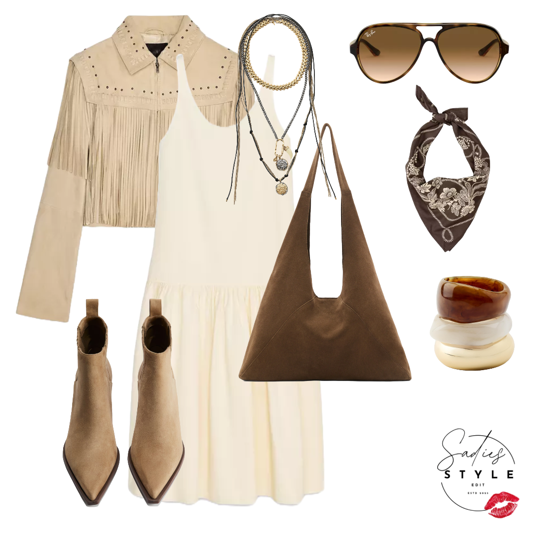 Cream-colored fringed jacket, white dress, beige ankle boots, layered necklaces, brown shoulder bag, tortoiseshell bangles, aviator sunglasses, brown and white bandana, and brown and gold gradient sunglasses.