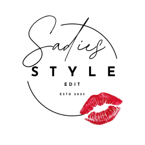 Logo for Sadies Style with cursive and bold text, a red lipstick kiss mark, and the year 2025.