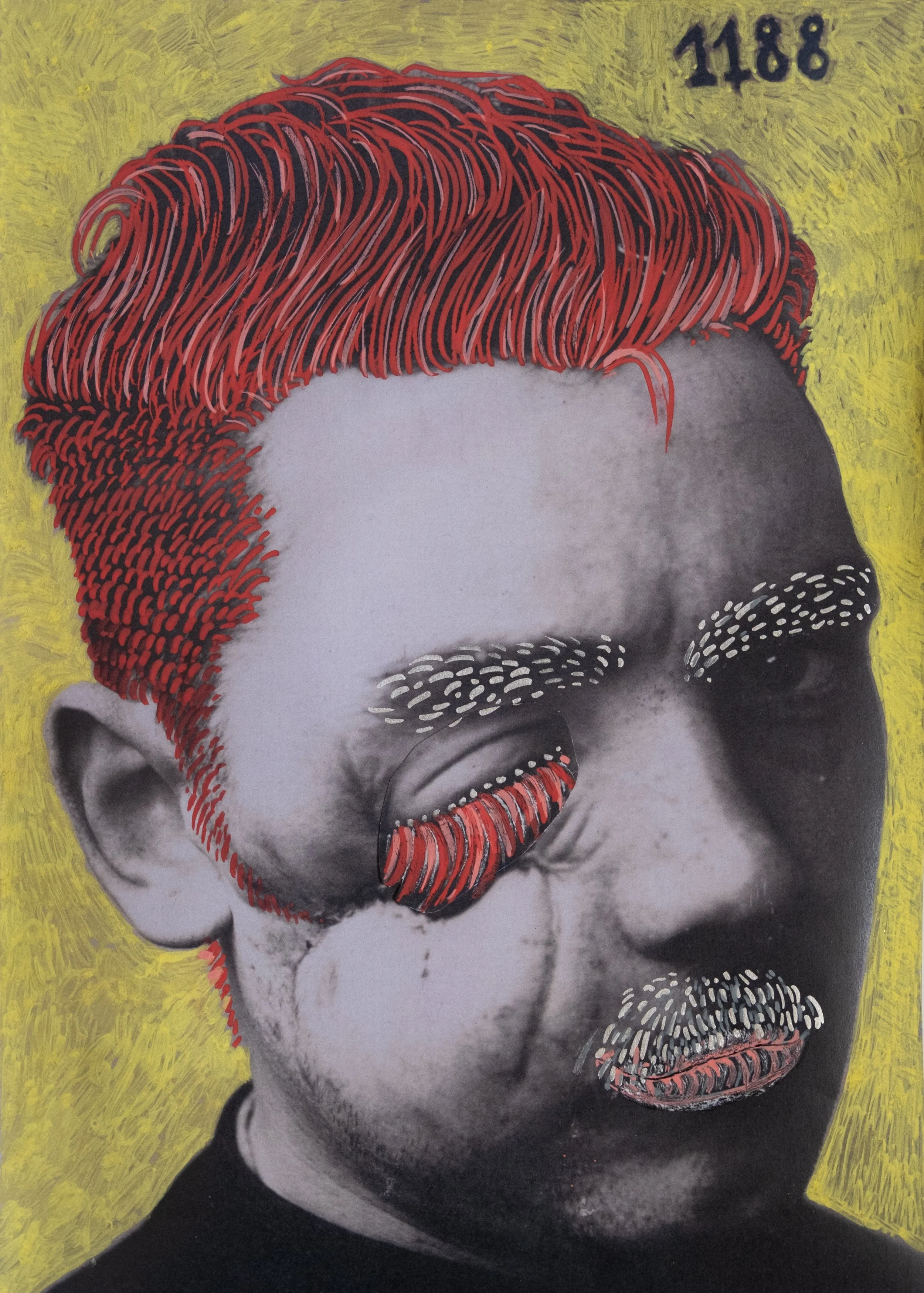 Une œuvre d'art représentant un portrait en noir et blanc d'une femme avec des éléments stylisés en rouge qui encadrent ses cheveux, ses yeux, ses lèvres et son cou, le tout sur un fond jaune. En haut à droite, il y a le numéro 1188.