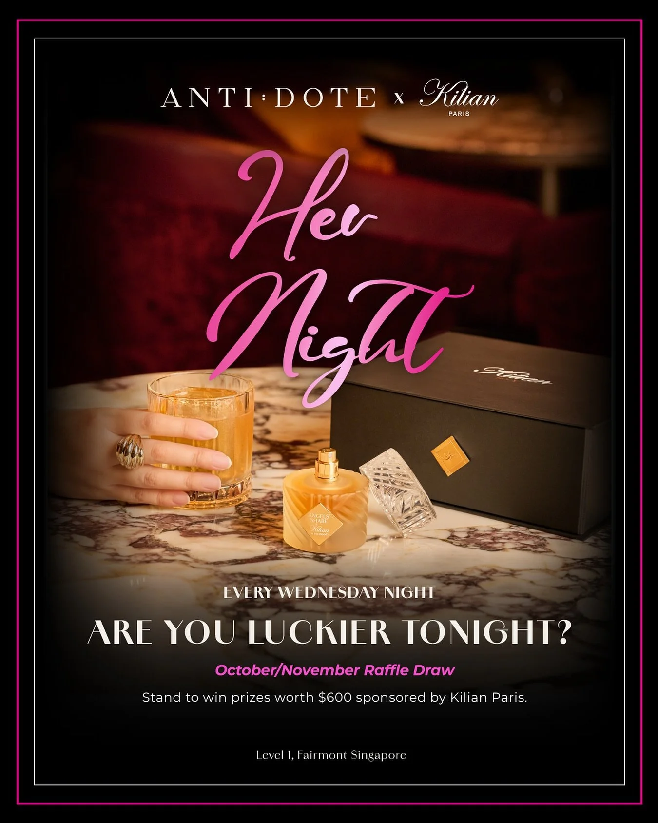 HER NIGHT - ANTI:DOTE&rsquo;s unapologetically bold and indulgent take on Ladies&rsquo; Night. A weekly celebration of femininity, flair, and fabulous privileges, where elegance meets edge.

ONLY FOR THE LADIES
💋 Complimentary Welcome Cocktail
💋 $1