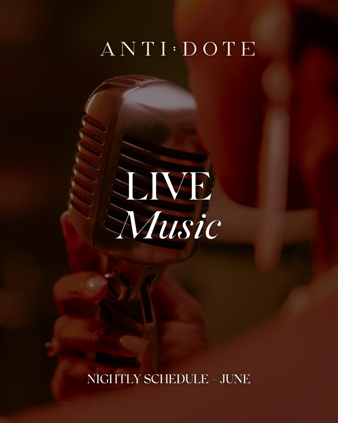 Good cocktails, great company and live music to set the tone 🎶✨

Whether you're winding down after work or settling in for the evening, let the sounds of live performances accompany your night at ANTI:DOTE

Join us throughout June for an evening of 