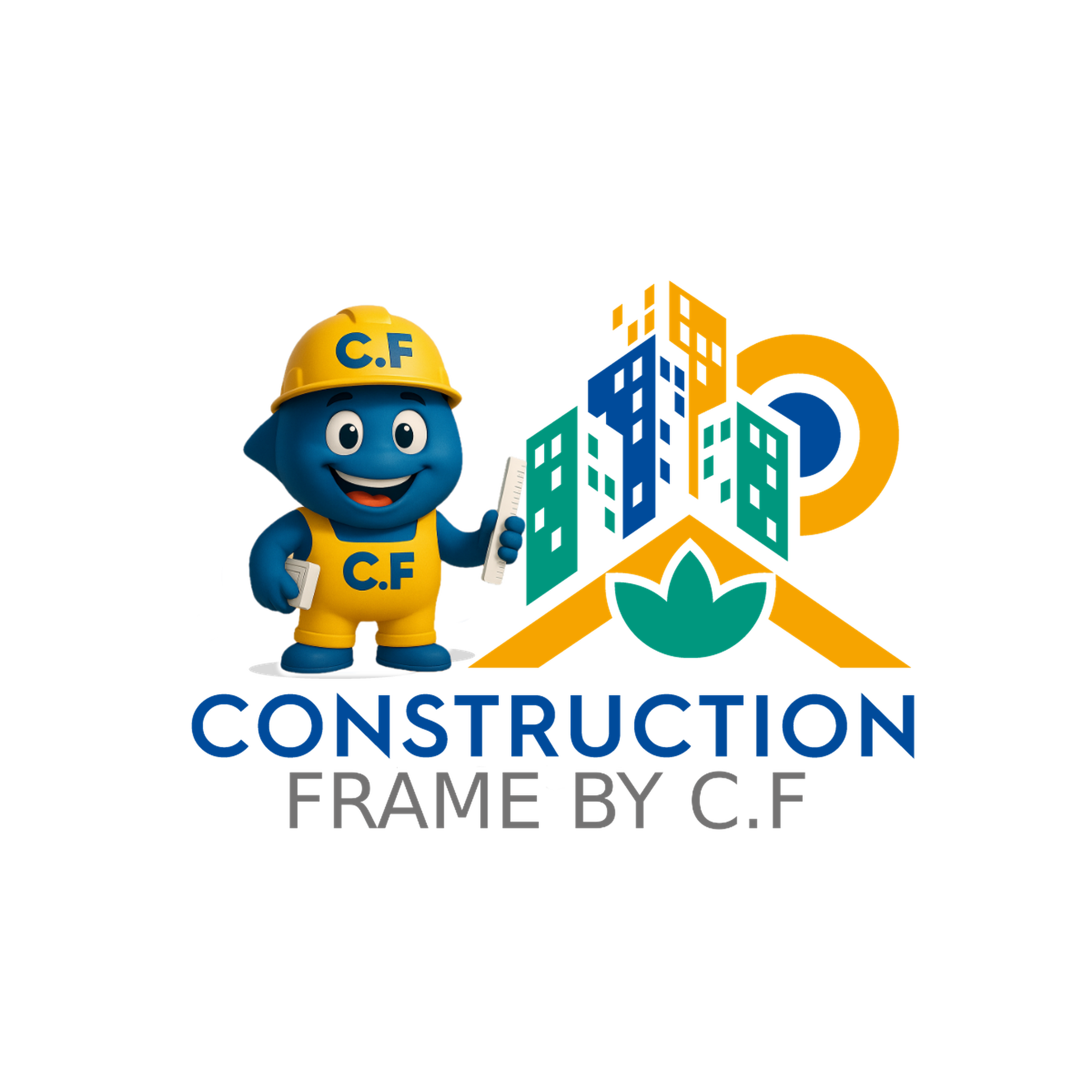 Μπλε cartoon φιγούρα με κίτρινο κράνος & στολή "C.F." κρατάει σχέδια, μπροστά από πολύχρωμο αστικό τοπίο & λογότυπο – Cartoon blue character in "C.F." gear holding blueprints, standing before colorful cityscape and logo. Text: "Construction Frame by