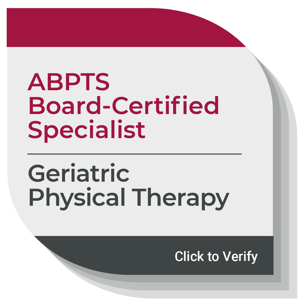 Certificate indicating ABPTS Board-Certified Specialist in Geriatric Physical Therapy.