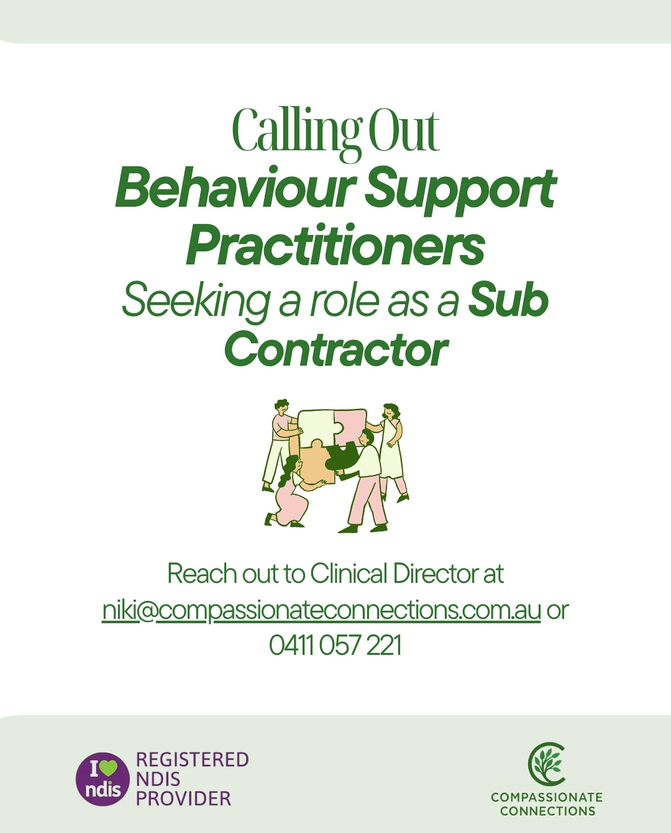 We&rsquo;re expanding our team 🌿

If you&rsquo;re committed to trauma-informed, person-centred practice and want to be part of a supportive, values-driven organisation &mdash; we&rsquo;d love to hear from you.

📩 Reach out to Niki at niki@compassio