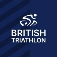 Logo for the British Triathlon featuring a stylized swimmer, cyclist, and runner above the text 'British Triathlon' on a dark blue background.