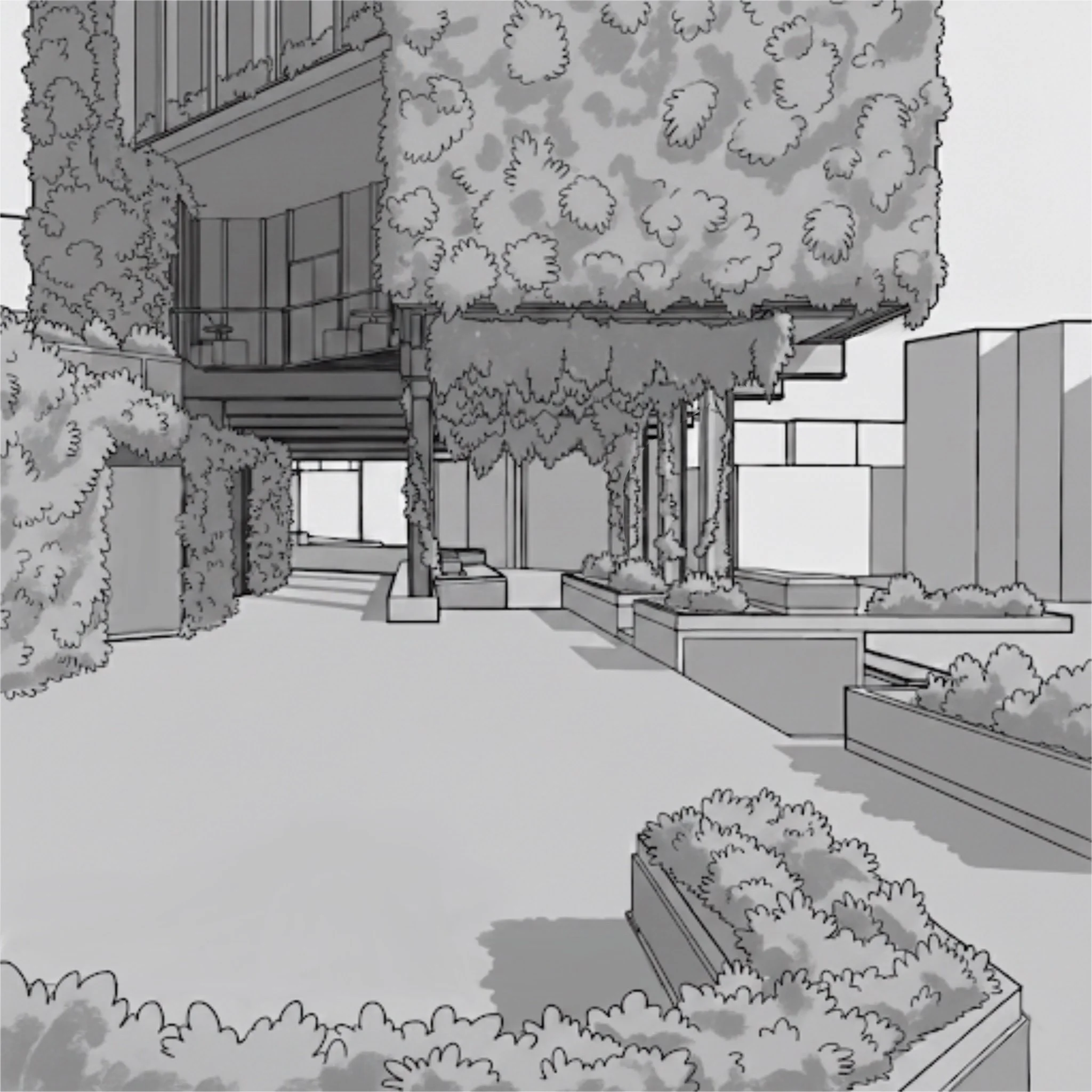 A black and white sketch of an outdoor urban space with trees, bushes, and modern buildings. There are raised planters with plants, a paved walkway, and a structure with a balcony.