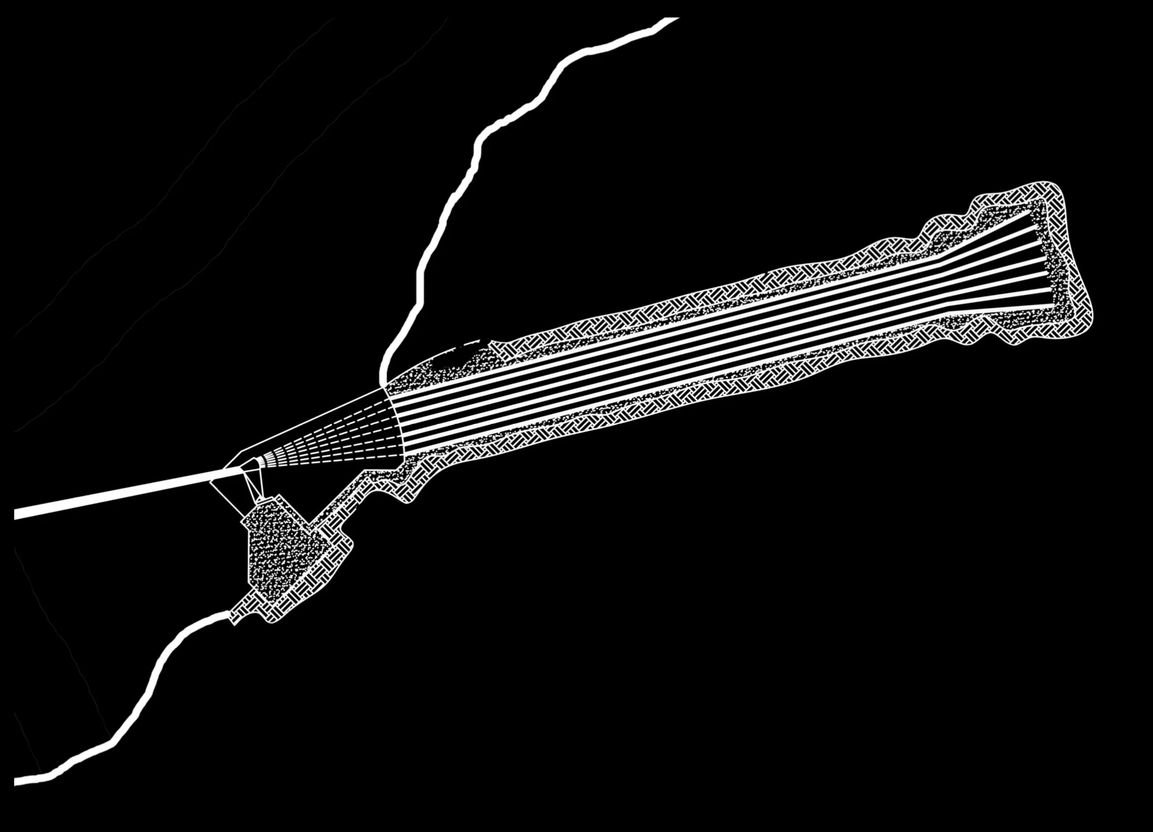 Black and white section of an anchor with layered rock formations and surrounding landscape.