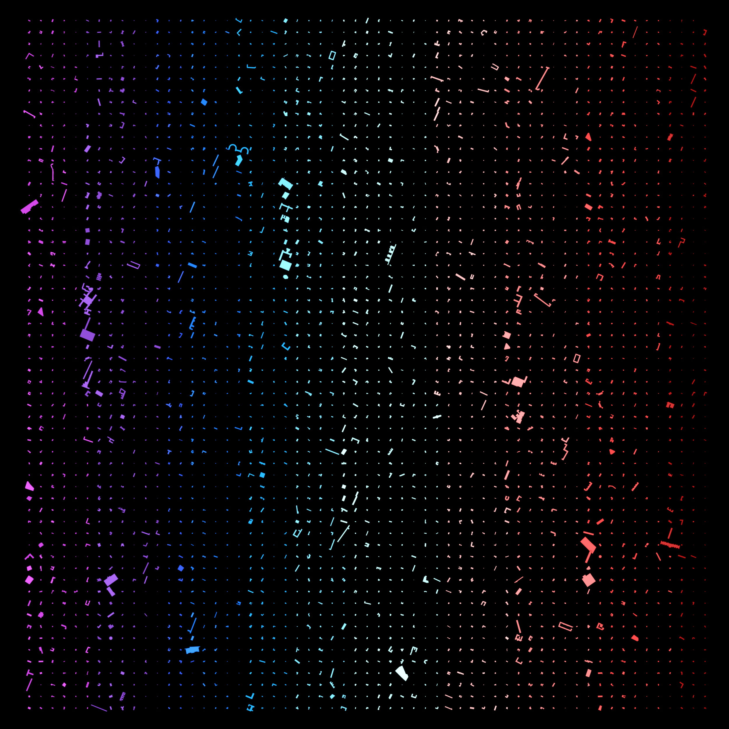 A 2D display of an Urban Footprint Morphology Analysis, using t-SNE and K-means algorithms in Rhino7 and Grasshopper. Copenhagen Urban Analysis displayed as colorful abstract art on black background.
