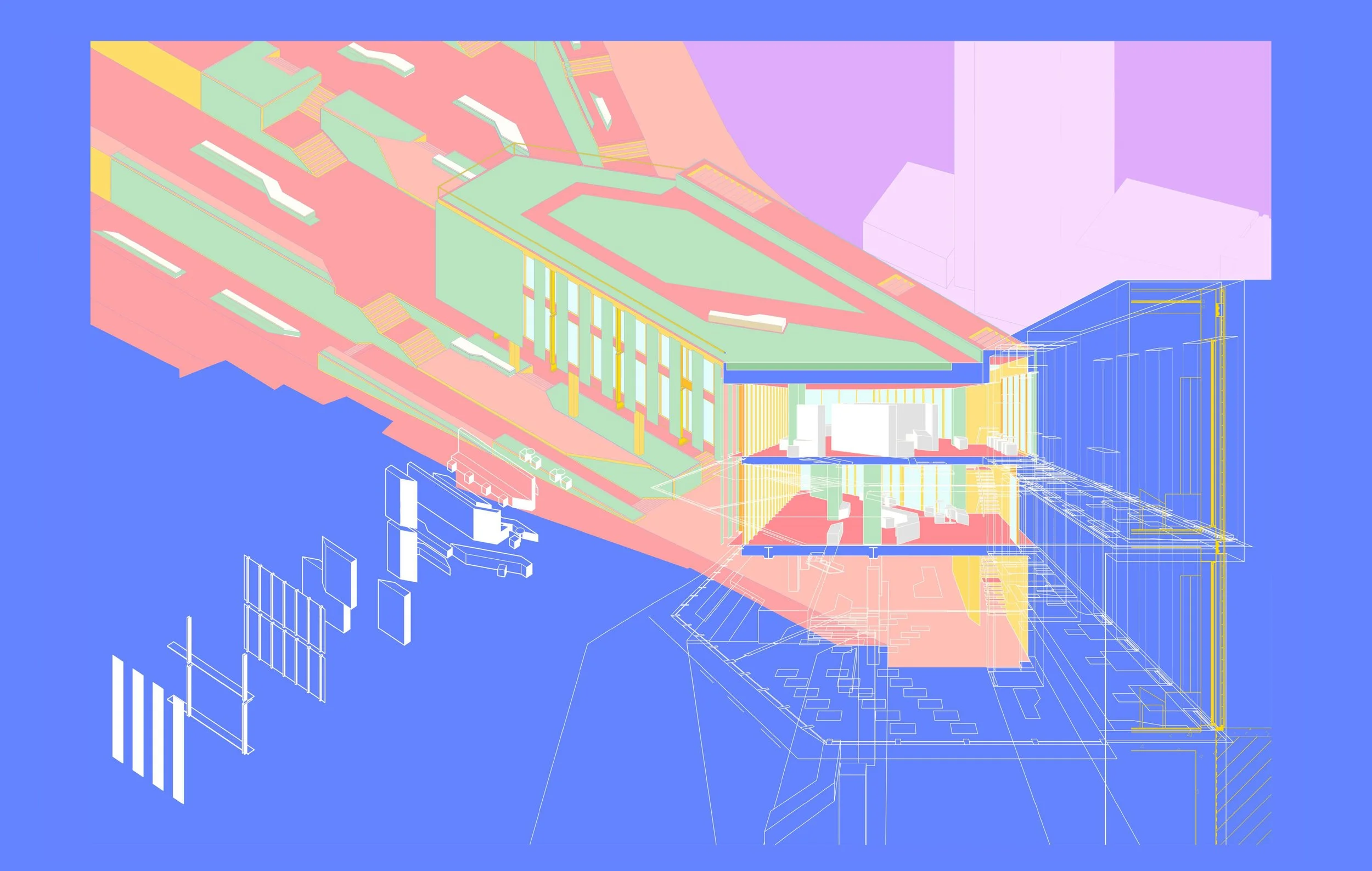 A colorful architectural drawing or 3D model of a building with multiple levels, including stairs, columns, and various structural elements, set against a blue background.