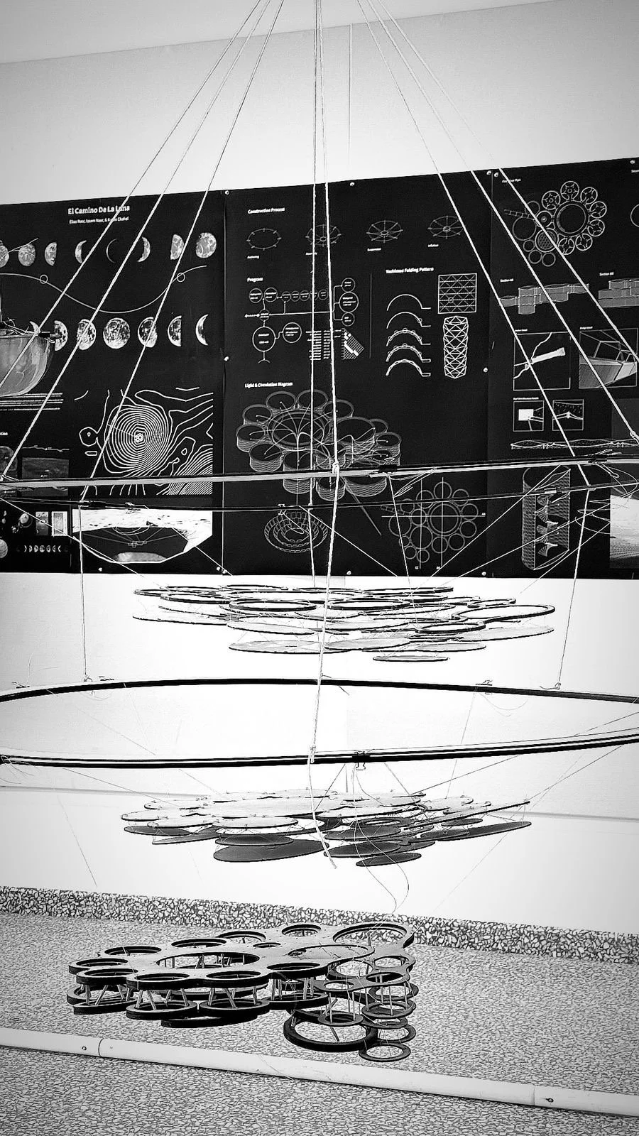 An art installation with hanging rings and a black and white background featuring diagrams and patterns about moon phases and scientific concepts.