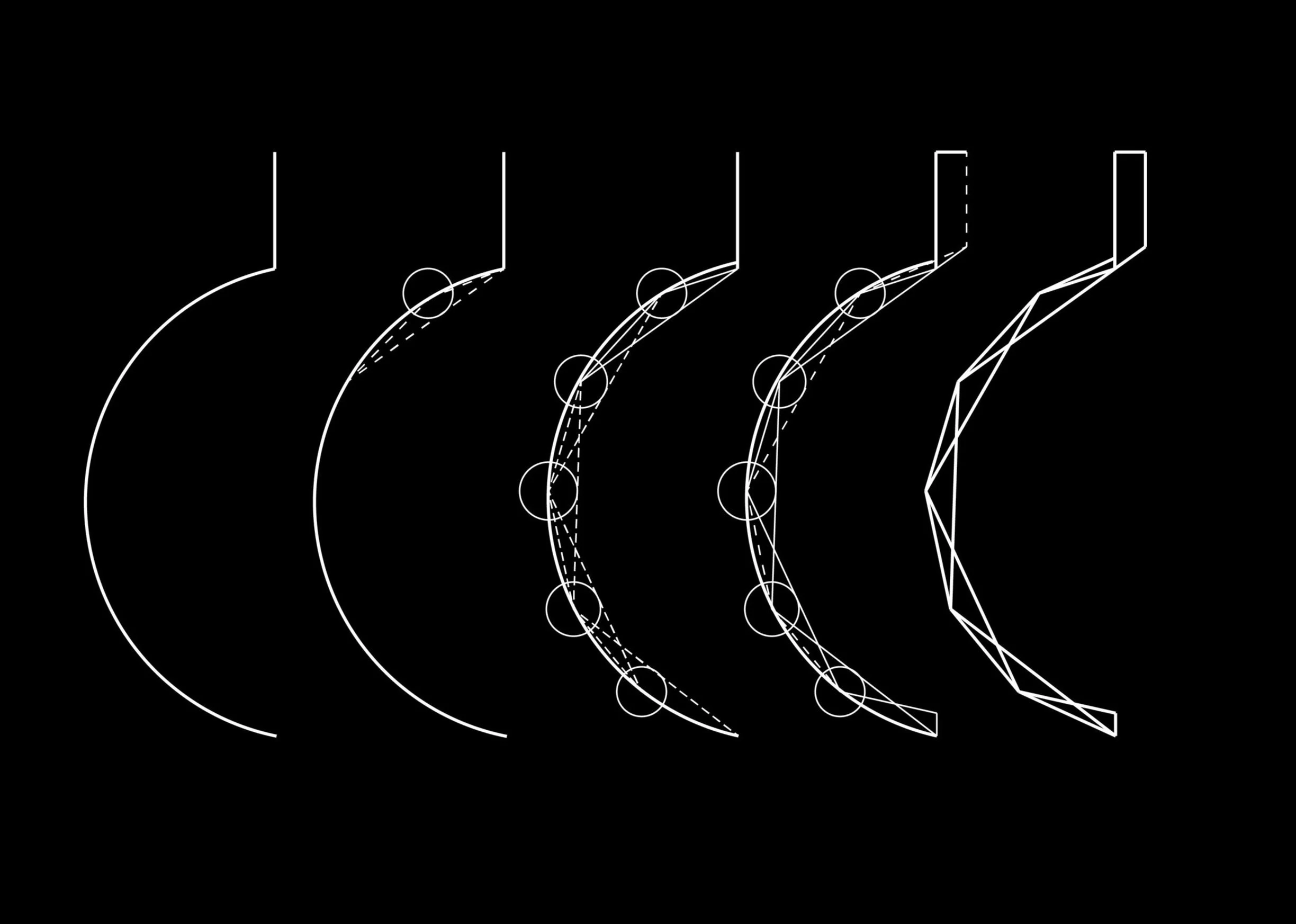 Diagram showing the progression of a 3D cone transformation through multiple stages, illustrated with geometric lines and circles.