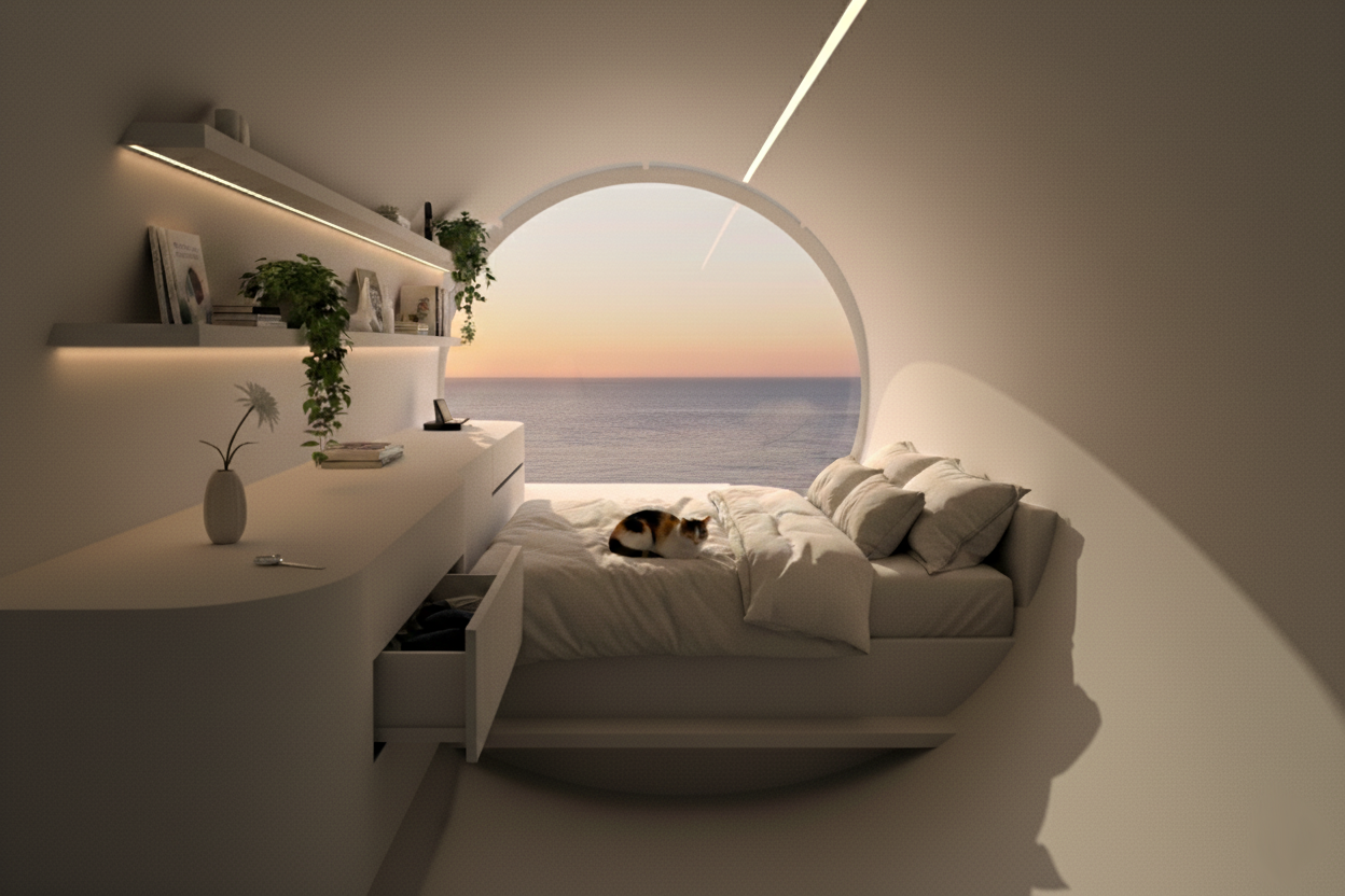 A modern white bedroom with a circular window overlooking the ocean at sunset, a bed with white bedding and pillows, a calico cat lying on the bed, and a white desk with a vase, books, and a drawer.