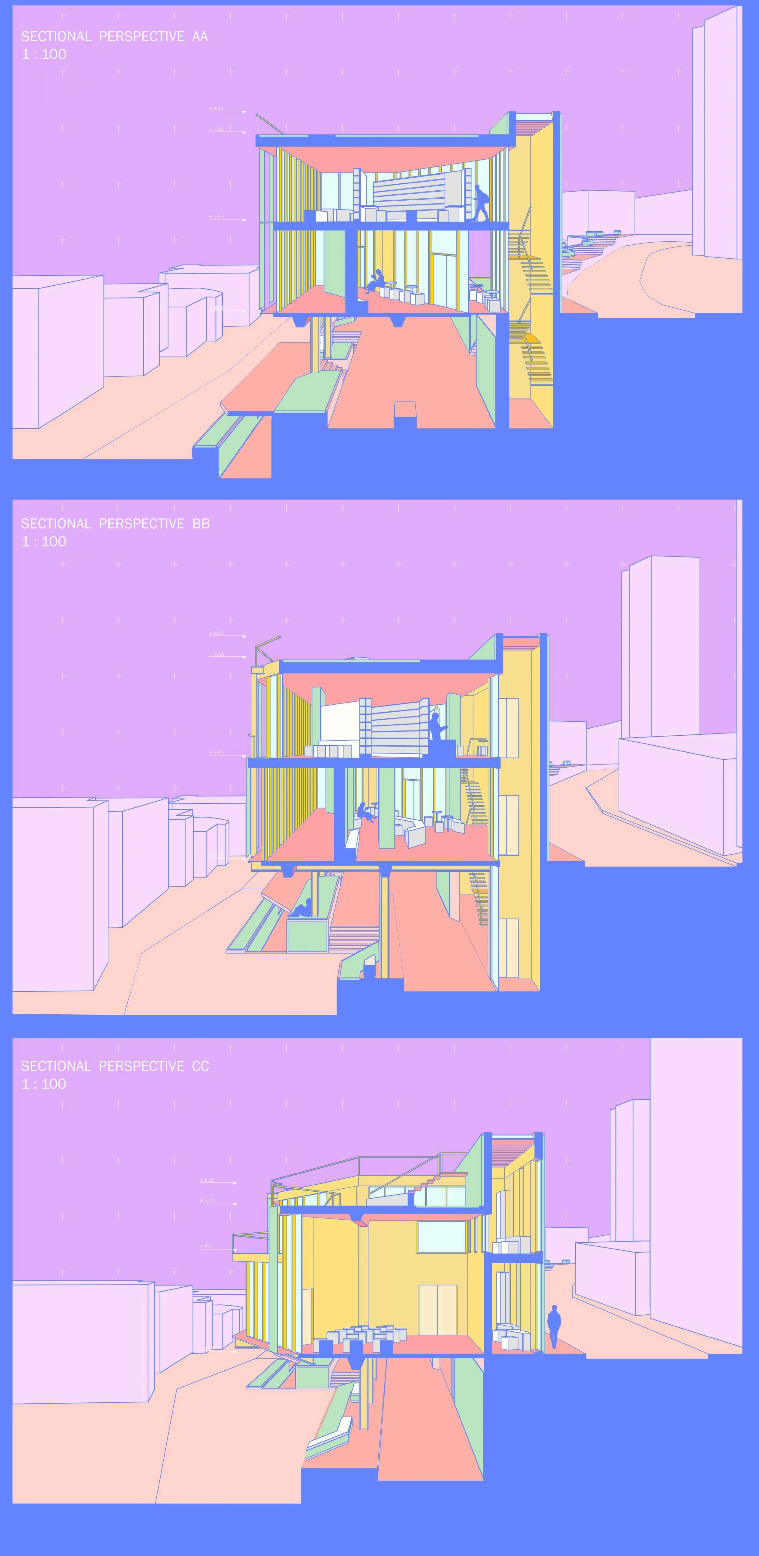 Color-coded architectural sectional drawings of a multi-story building, showing interior spaces, stairs, and structural elements from three different perspectives, labeled as AA, BB, and CC, with pink and purple backgrounds.