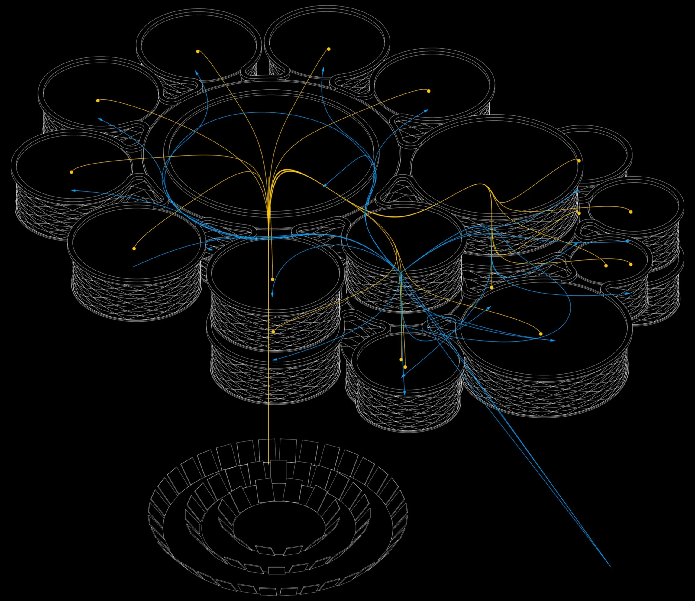 A digital illustration of a data network diagram with multiple interconnected nodes featuring cylindrical storage units, connected by colorful curved lines, set against a black background. Lunar habitat concept for living on the moon.