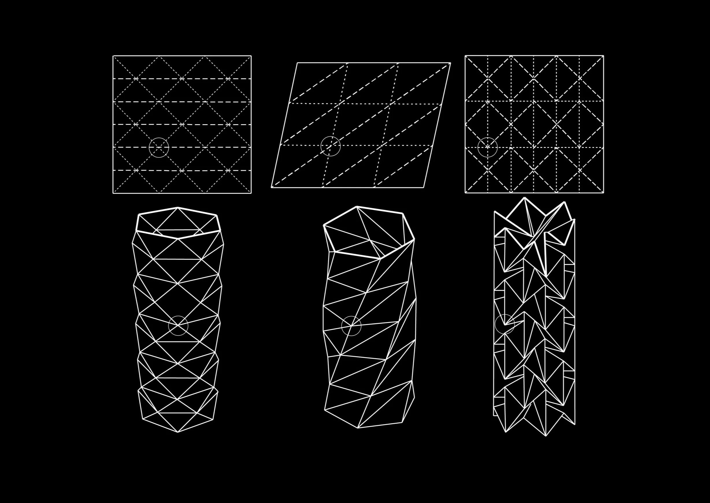 Diagram showing different 3D wireframe models of geometric shapes, including grids, a tilted plane, and complex cylindrical structures, with lines, points, and circles on a black background. Yoshimura orgami