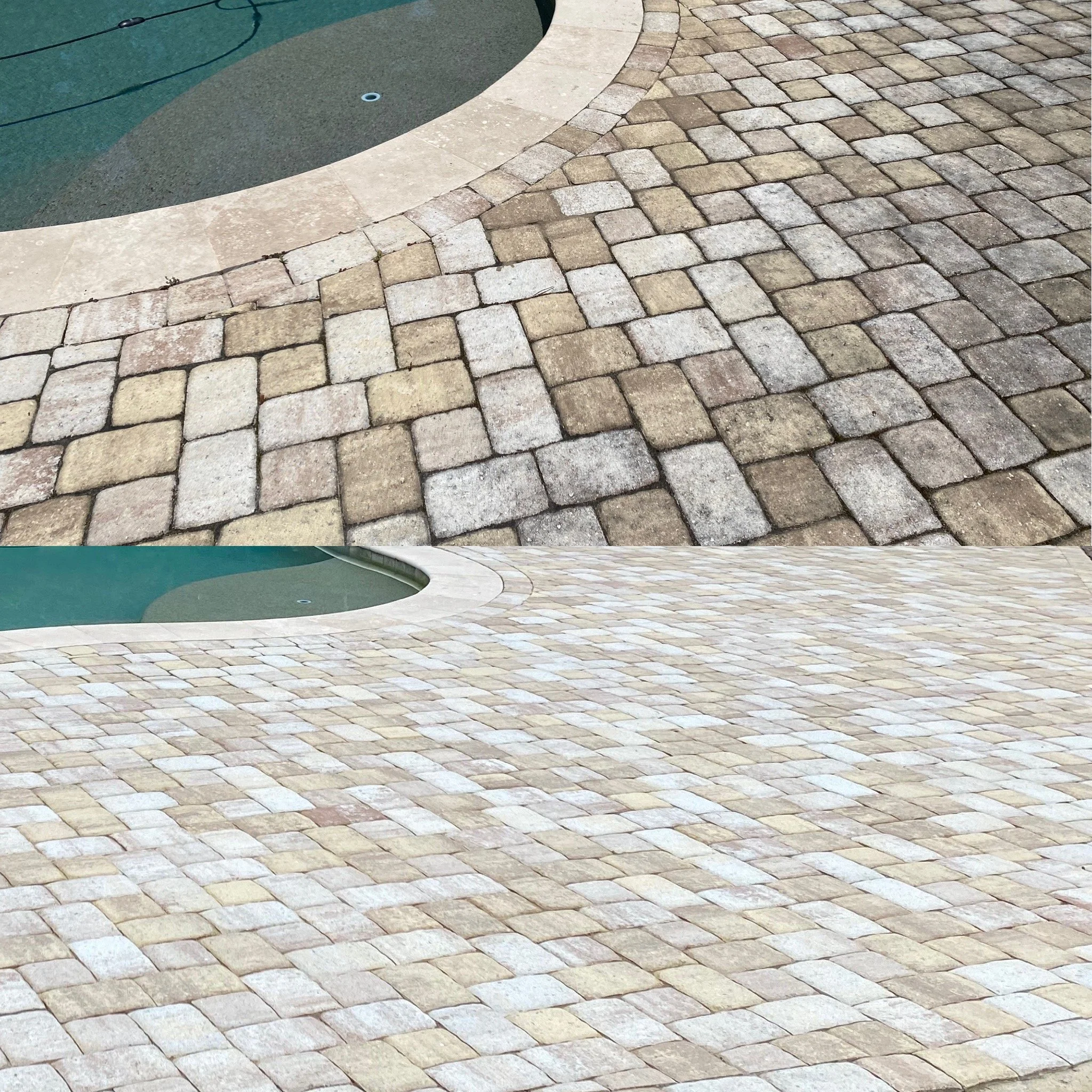 Before and after pool deck paver cleaning and restoration in Summerville, SC
