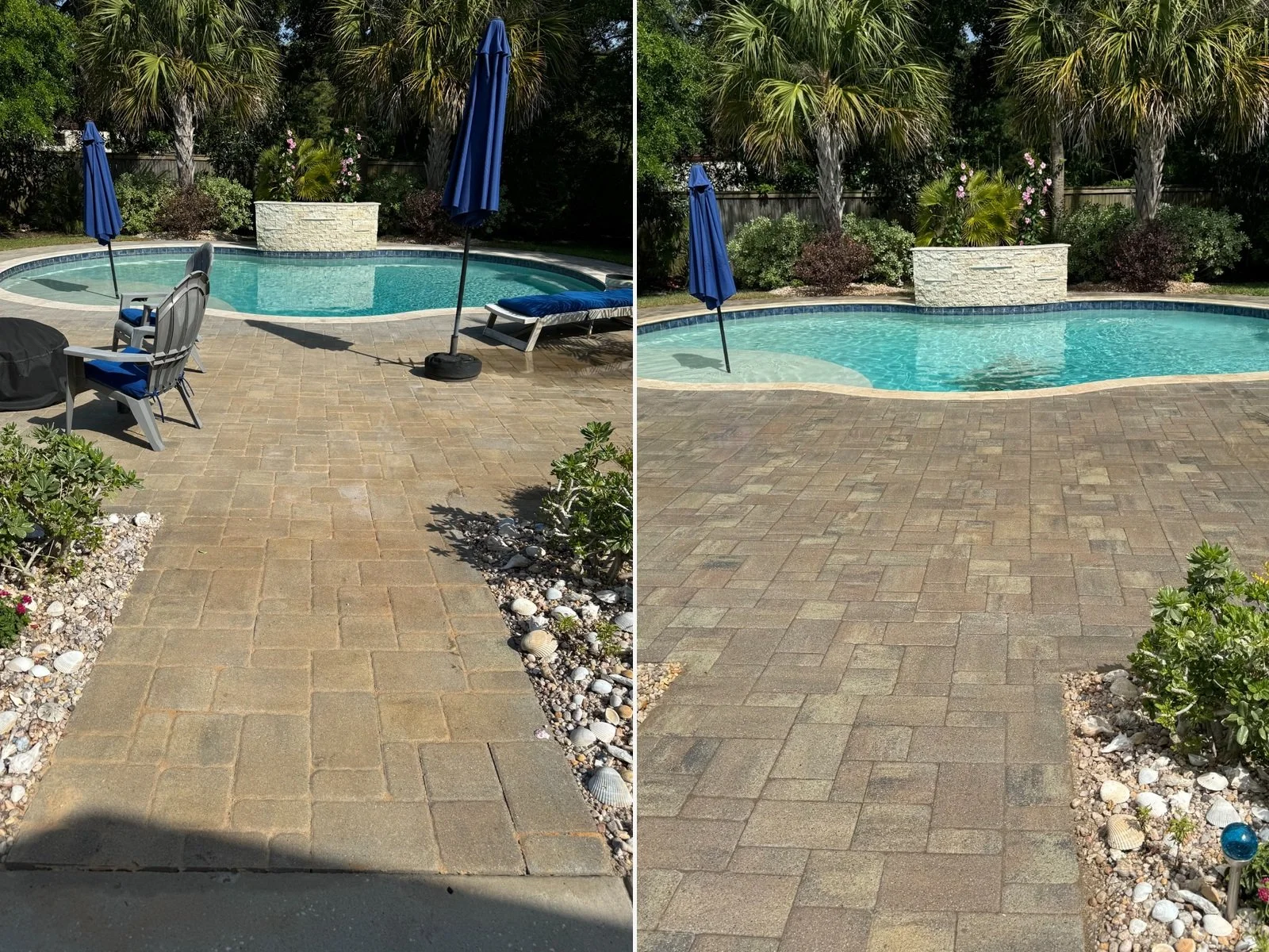 Before and after pool deck paver cleaning, re-sanding and restoration by PaveClean in Johns Island, SC